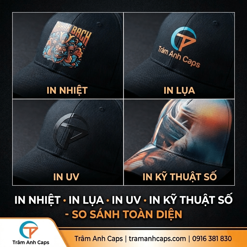 On Caps – Heat Transfer, Screen Printing, Uv Digital – Four printing techniques used in cap production — each delivers different results - Tram Anh Caps Vietnam