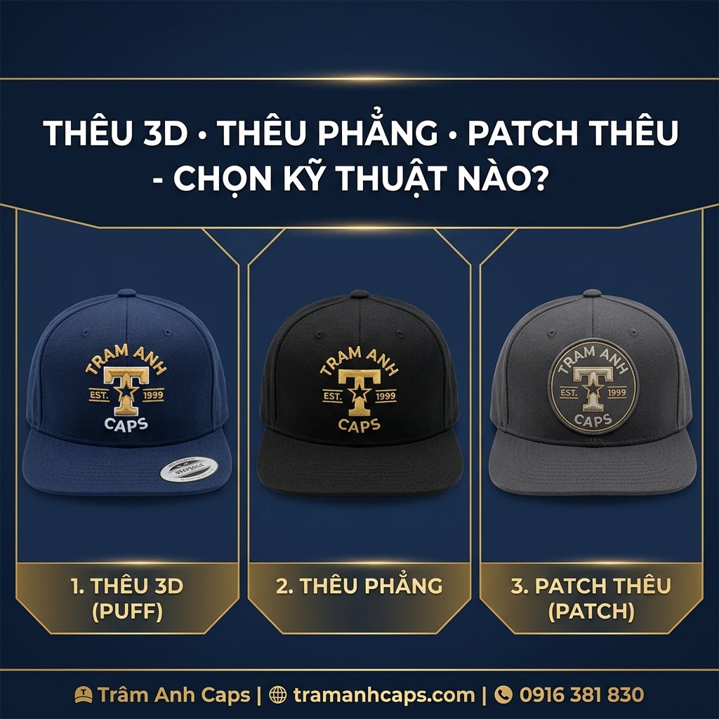 Thêu 3D, Thêu Phẳng Patch Thêu – Ba kỹ thuật thêu logo trên mũ nón – mỗi kỹ thuật - Xưởng may nón Trâm Anh Caps