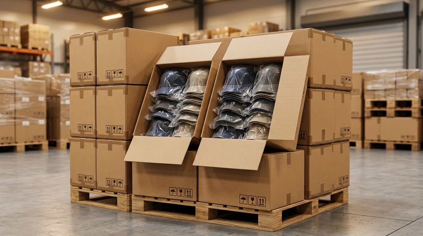 Heavy duty 5-ply carton packaging standard for FOB container export at Tram Anh Caps Vietnam